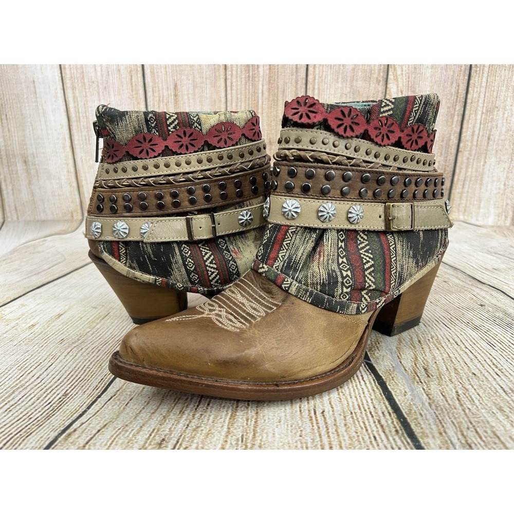 Corral Rattler Brown Leather Studded Western Ankle Boots Womens 7.5 M Boho
